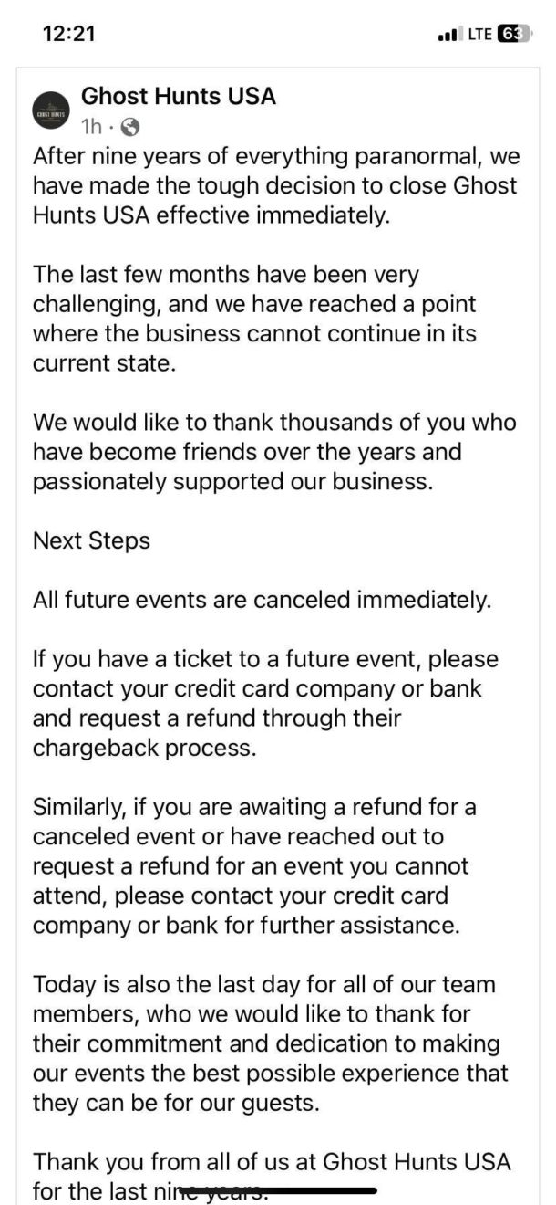 Ghost Hunts USA Closes With Customers Money Ghost Hunters Fans