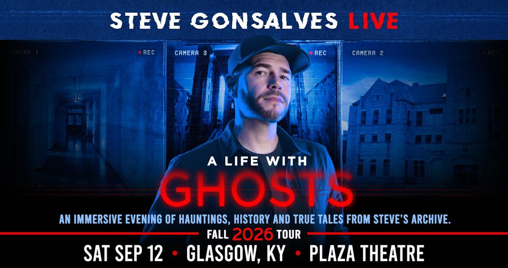 Steve Gonsalves A Life With Ghosts Kentucky tour slide featuring Waverly Hills Sanatorium Room 502 nurse legend with vintage photos on a blue surveillance background.